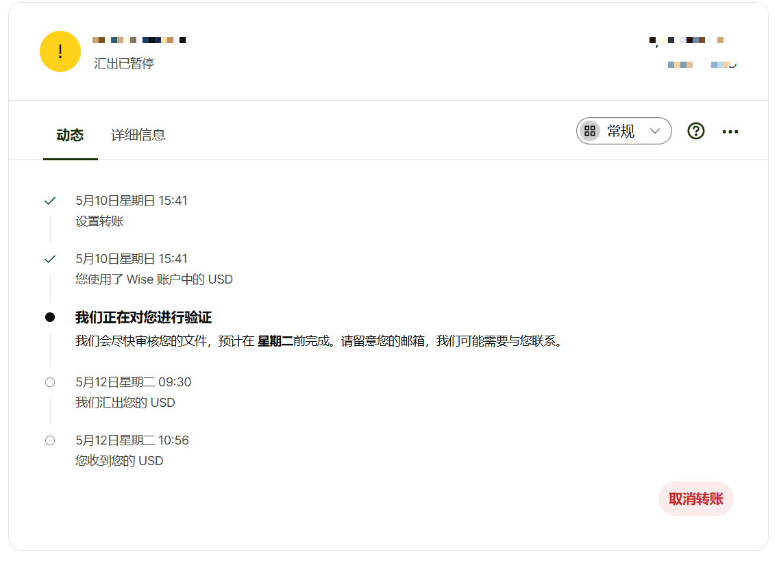 Wise 转账暂停状态页面