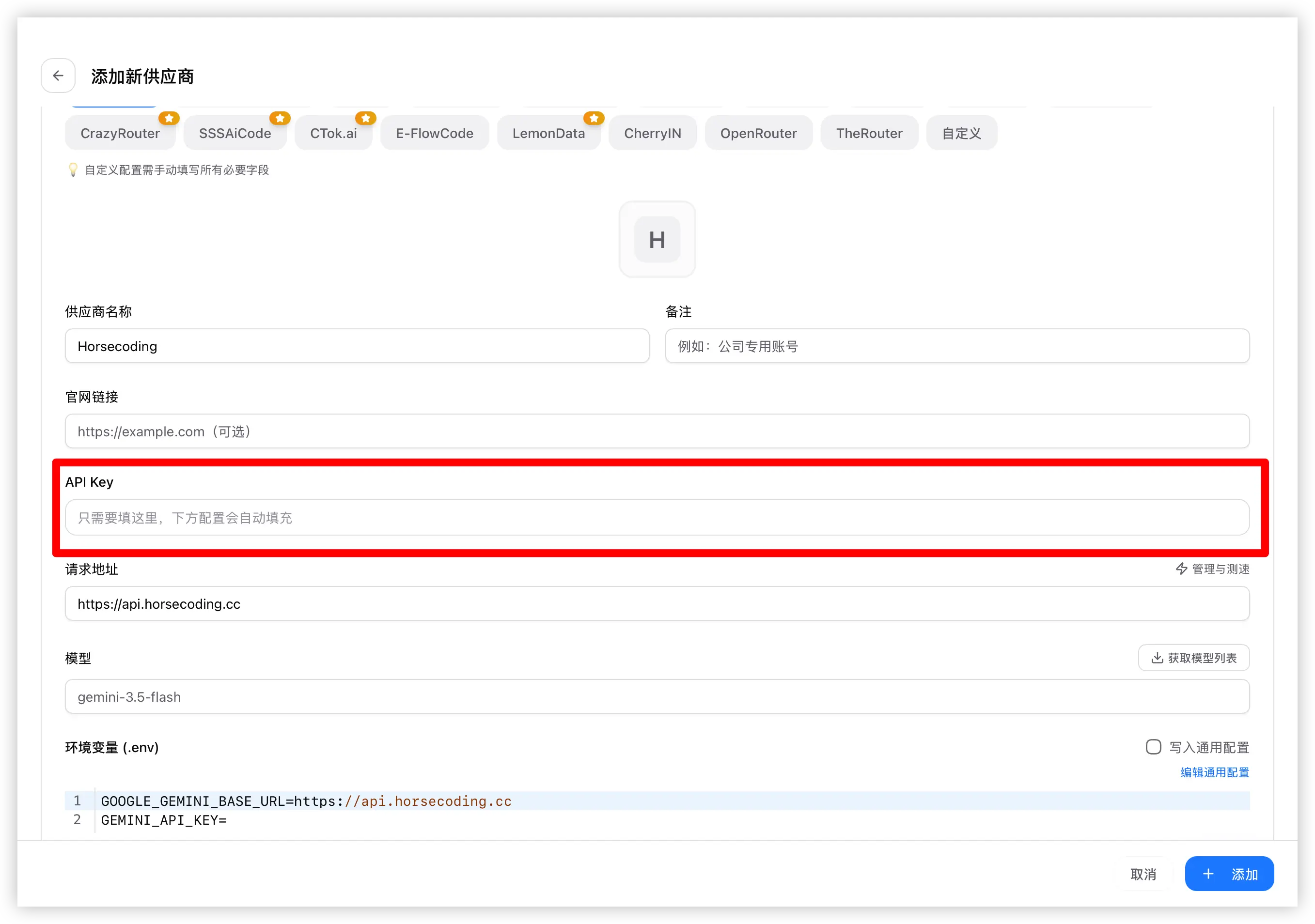 填入 API Key 后点击添加（Gemini）