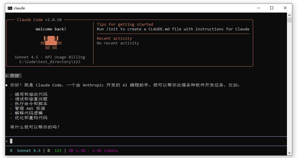 终端运行 claude 的对话界面