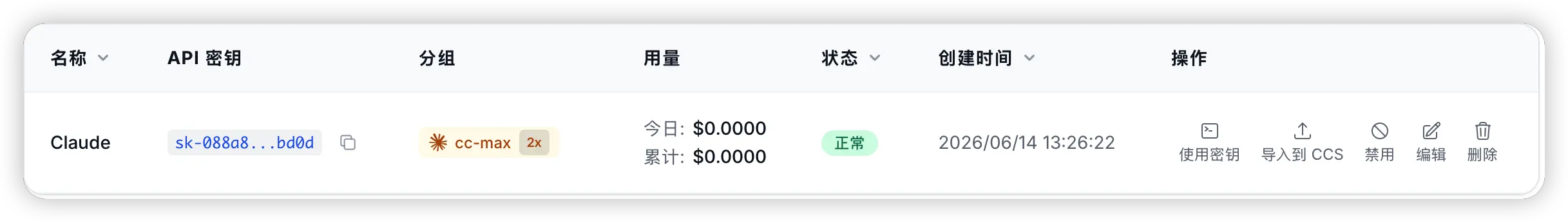 在中转站创建 CC 分组Api密钥并复制 API Key